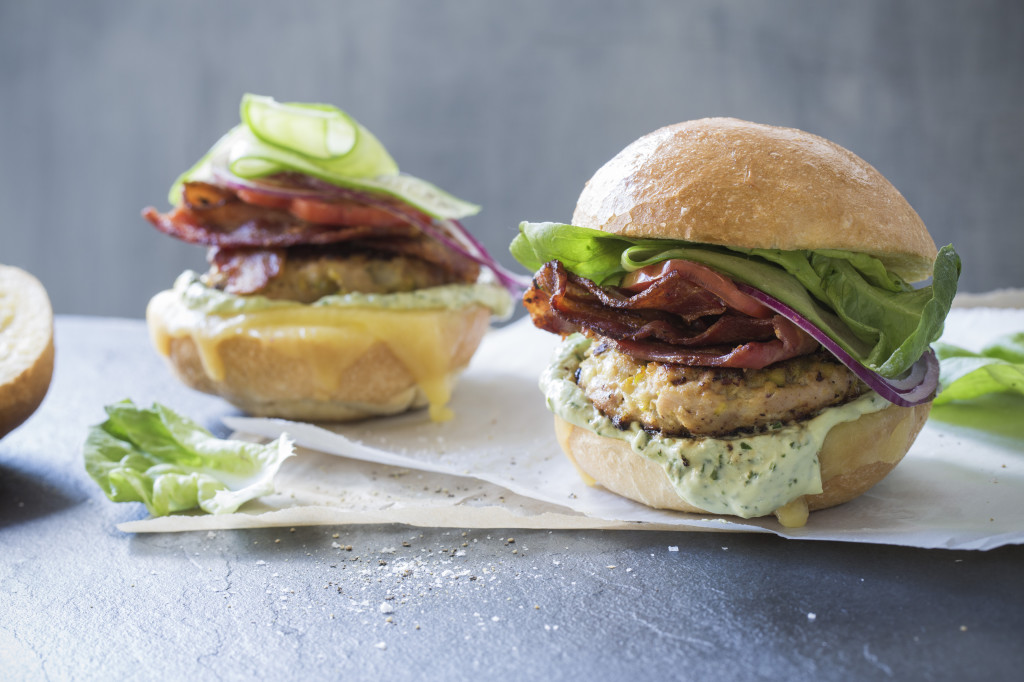 ChelseaWinter.co.nz Chicken & bacon burgers with basilavocado mayo