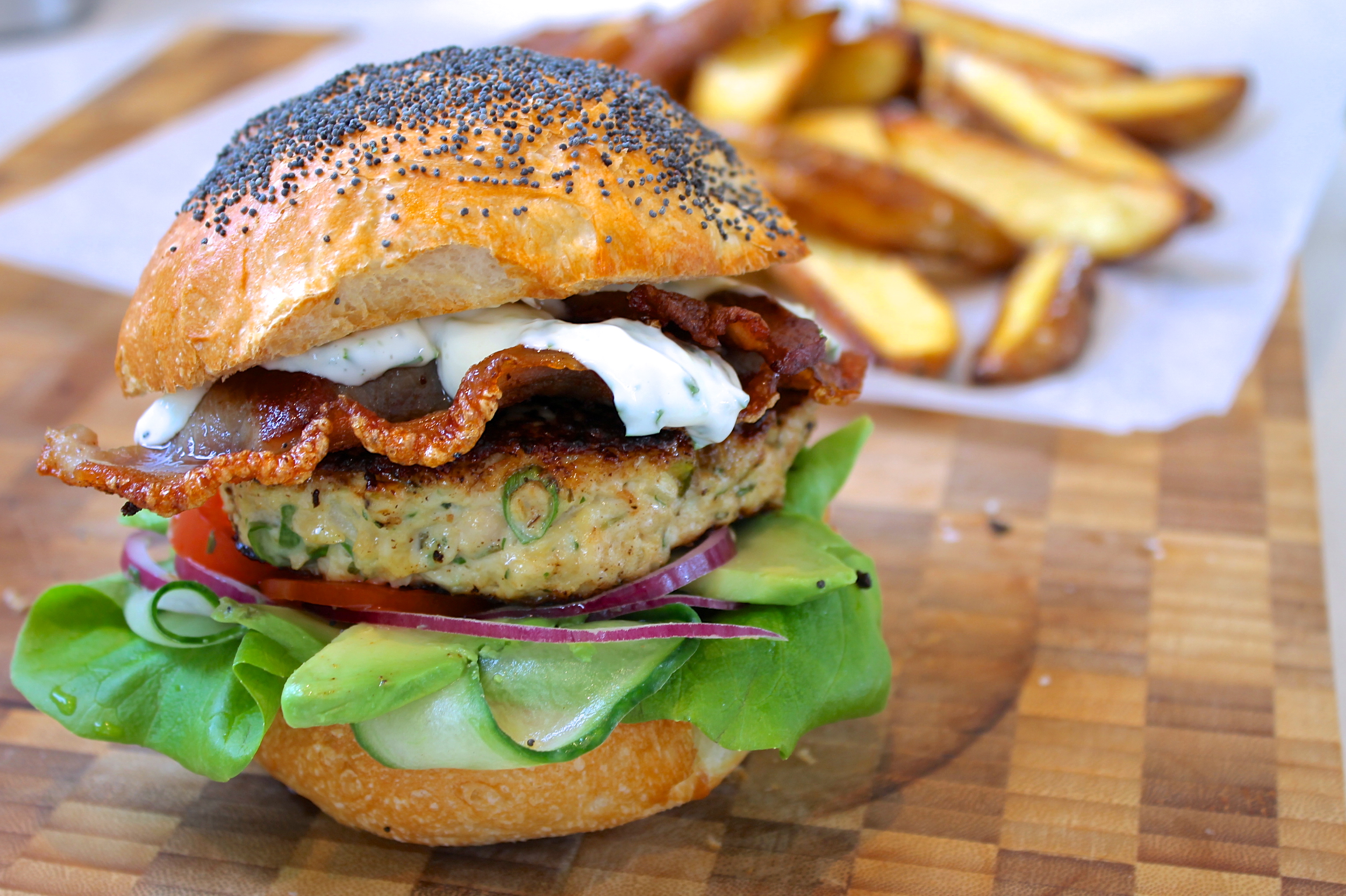 ChelseaWinter.co.nz Chicken & bacon burgers with basilavocado mayo